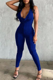 Macacão skinny azul fashion sexy sem costas e sem costas