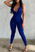 Blue Fashion Sexy Solid Backless Halter Skinny Jumpsuits