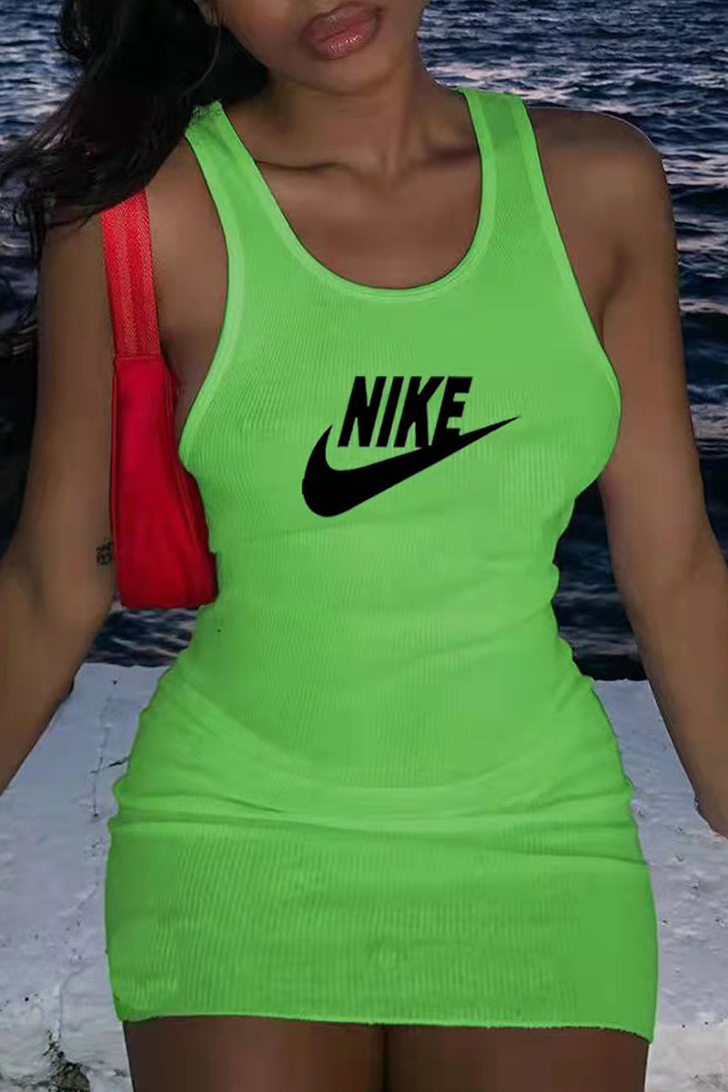 

Light Green Fashion Casual Print Letter U Neck One Step Skirt Dresses