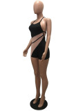 Rose Red Fashion Sexy Patchwork Bandage Backless Halter Skinny Romper