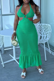 Grön Sexig Solid Patchwork Halter Trumpet Mermaid Klänningar