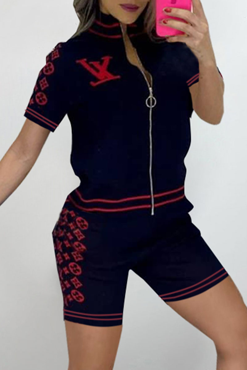 

Red Fashion Casual Print Split Joint Short Sleeve Two Pieces