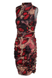 Red Fashion Casual Print Basic Half A Turtleneck Sleeveless Dress