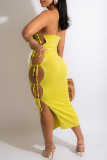 Yellow Sexy Print Bandage Hollowed Out Mesh One Step Skirt Dresses