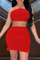 Moda roja sexy sólido vendaje sin espalda sin tirantes sin mangas de dos piezas
