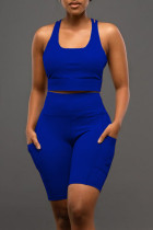 Azul Sexy Casual Sportswear Sólido sem costas decote em U sem mangas duas peças