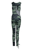 Groene Mode Sexy Print Bandage Uitgeholde U-hals Skinny Jumpsuits