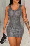Silver Fashion Sexy Solid Sequins Patchwork O Neck Vest Dress