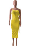 Yellow Sexy Print Bandage Hollowed Out Mesh One Step Skirt Dresses