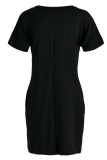 Black Fashion Casual Letter Print Basic V Neck Short Sleeve Dress