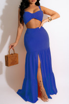 Blue Sexy Solid Patchwork Spaghetti Strap Sleeveless Two Pieces