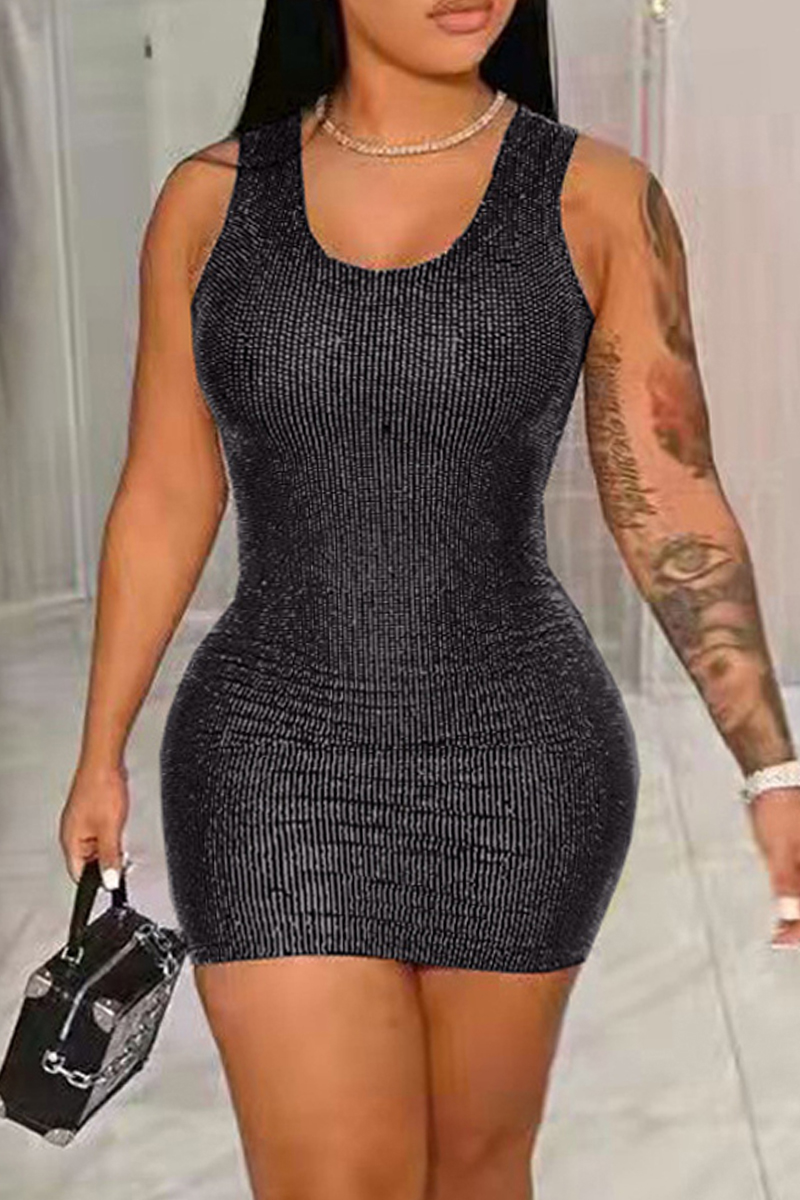 

Black Fashion Sexy Solid Sequins Patchwork O Neck Vest Dress