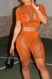 Tangerine Sexy Solid Split Joint See-through O Neck Short Sleeve Two Pieces