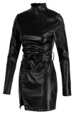 Zwarte mode sexy effen patchwork split half een coltrui lange mouwen jurken