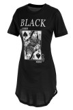 Zwarte Mode Casual Print Basic O-hals Korte Mouw Jurk Jurken