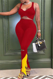 Rode Sexy Casual Sportswear Patchwork Uitgeholde Broek V-hals Mouwloos Twee Stukken