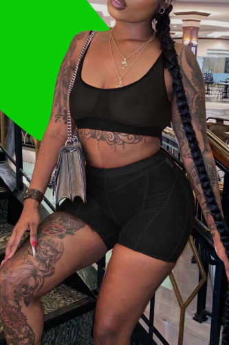 Black Sexy Solid Patchwork See-through U Neck Sleeveless Two Pieces