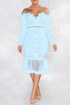ライトブルーのセクシーなパッチワーク刺繍バックレスオフショルダーロングスリーブドレス