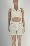 Cream White Sexy Print Hollowed Out Patchwork Buttons Turn-back Collar Sleeveless Two Pieces