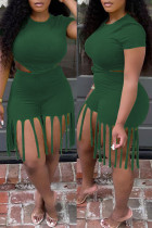 Зеленая мода Повседневная однотонная кисточка с круглым вырезом и коротким рукавом из двух частей