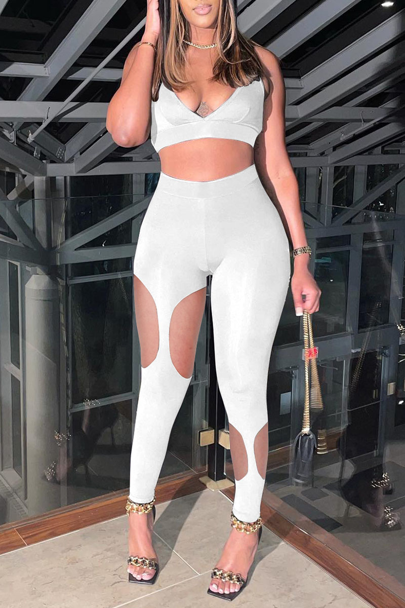 

White Sexy Solid Hollowed Out Split Joint V Neck Two Pieces
