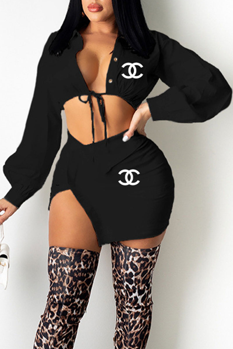 

Black Fashion Street Print Letter Turndown Collar Long Sleeve Two Pieces