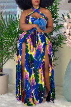 Blauwe mode sexy print uitgeholde backless split halter mouwloze plus size jurk