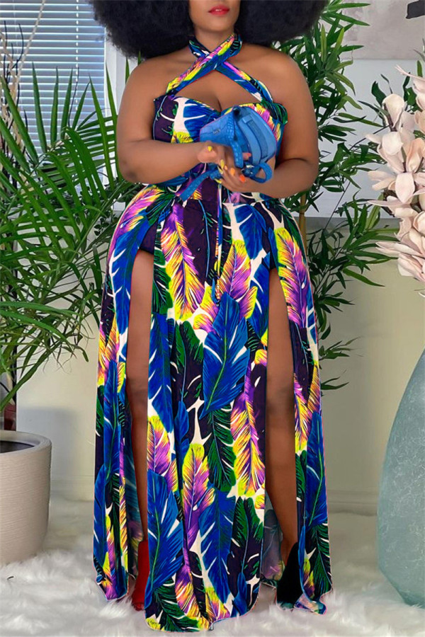 Blauwe mode sexy print uitgeholde backless split halter mouwloze plus size jurk