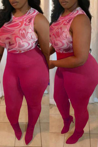 Rose Red Fashion Sexy Print Basic O Neck Sleeveless Two Pieces
