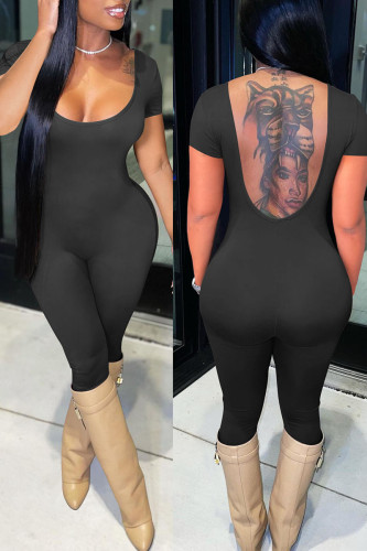 Black Sexy Solid Patchwork Backless U Neck Regular Jumpsuits