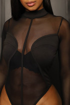 Zwarte mode sexy effen patchwork doorzichtige halve col skinny bodysuits
