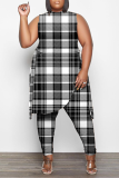 Red Casual Plaid Patchwork O Neck Plus Size Two Pieces
