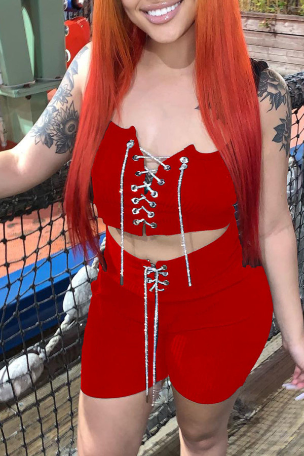 Due pezzi senza maniche con cinturino per spaghetti con fasciatura solida casual rossa sexy