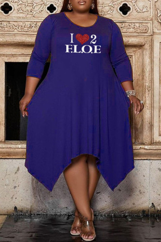 Deep Blue Fashion Casual Print Asymmetrical O Neck Long Sleeve Plus Size Dresses