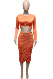 Orange Sexy Casual Solid Fold O Neck Long Sleeve Two Pieces