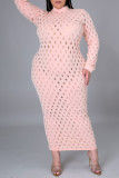 Roze sexy effen uitgeholde doorschijnende halve coltrui lange mouwen plus size jurken