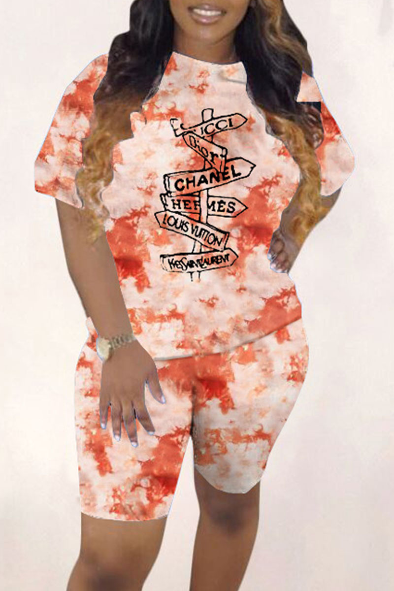 

Orange Fashion Casual Print Letter O Neck Short Sleeve Two Pieces