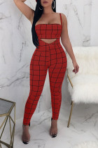 Red Sexy Plaid Print Patchwork Spaghetti Strap Sleeveless Two Pieces