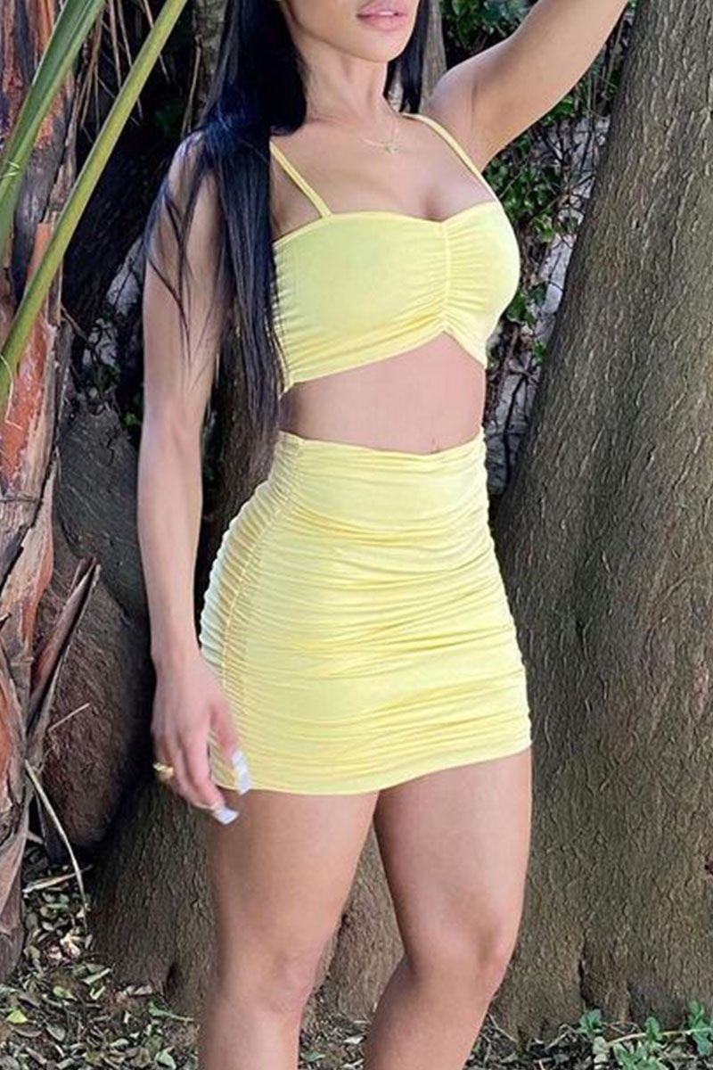 

Yellow Sexy Solid Split Joint Fold Spaghetti Strap Sleeveless Two Pieces