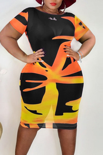 Black Sexy Print Patchwork O Neck One Step Skirt Plus Size Dresses