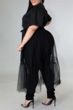 ブラック ファッション カジュアル プラス サイズ ソリッド パッチワーク シースルー ターンダウン カラー ショート スリーブ ドレス