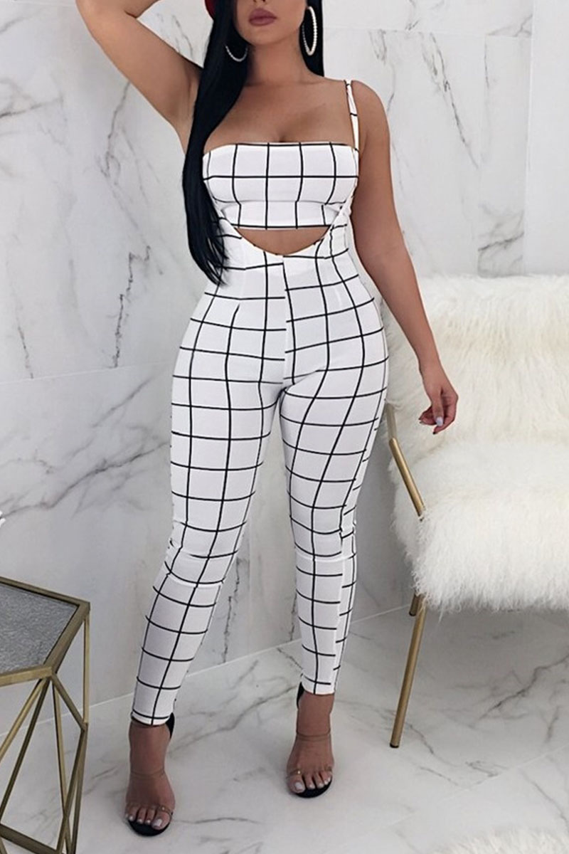 

White Sexy Plaid Print Split Joint Spaghetti Strap Sleeveless Two Pieces