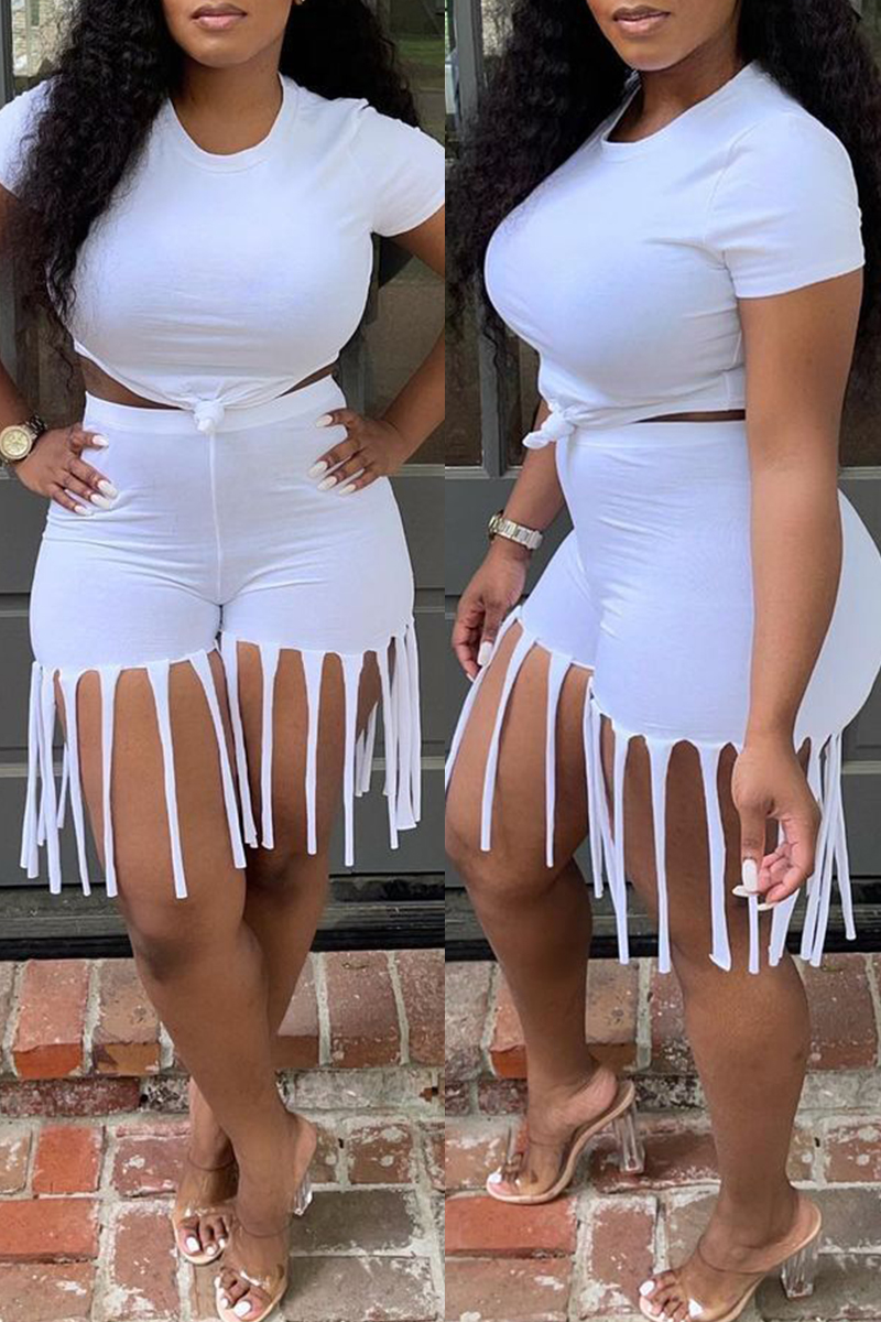 

White Fashion Casual Solid Tassel O Neck Short Sleeve Two Pieces