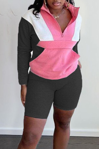 Black Casual Sportswear Solid Patchwork Zipper Collar Long Sleeve Two Pieces