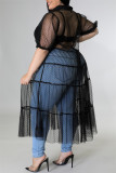 Zwarte mode sexy grote maat effen patchwork doorzichtige mesh-jurk met omslagkraag