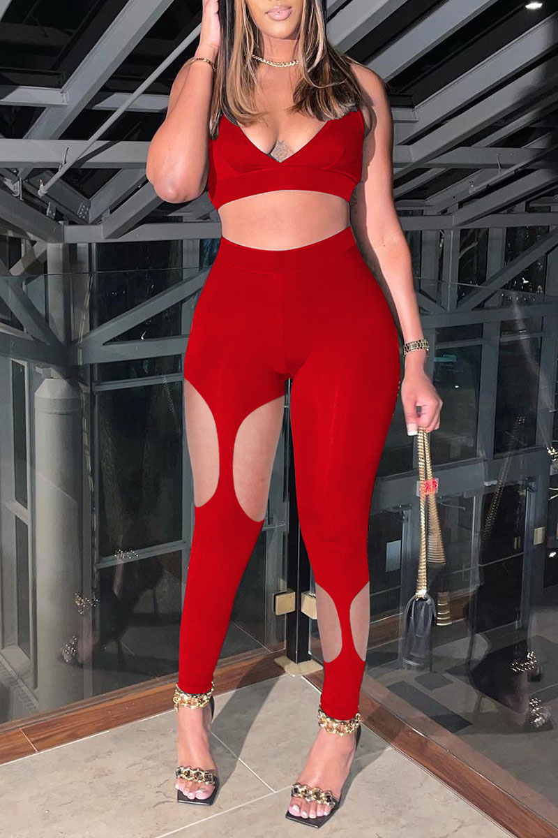 

Red Sexy Solid Hollowed Out Split Joint V Neck Two Pieces