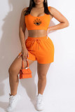 Oranje Casual Sportkleding Ogen Gedrukt Basic U-hals Mouwloos Twee Stukken