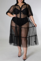 Moda preta sexy plus size sólido retalhos transparente vestido de malha com gola aberta