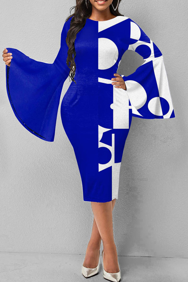 Robes de jupe en une étape à col rond en patchwork d'impression élégante décontractée bleue