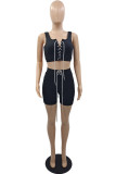 Black Sexy Casual Solid Bandage Spaghetti Strap Sleeveless Two Pieces